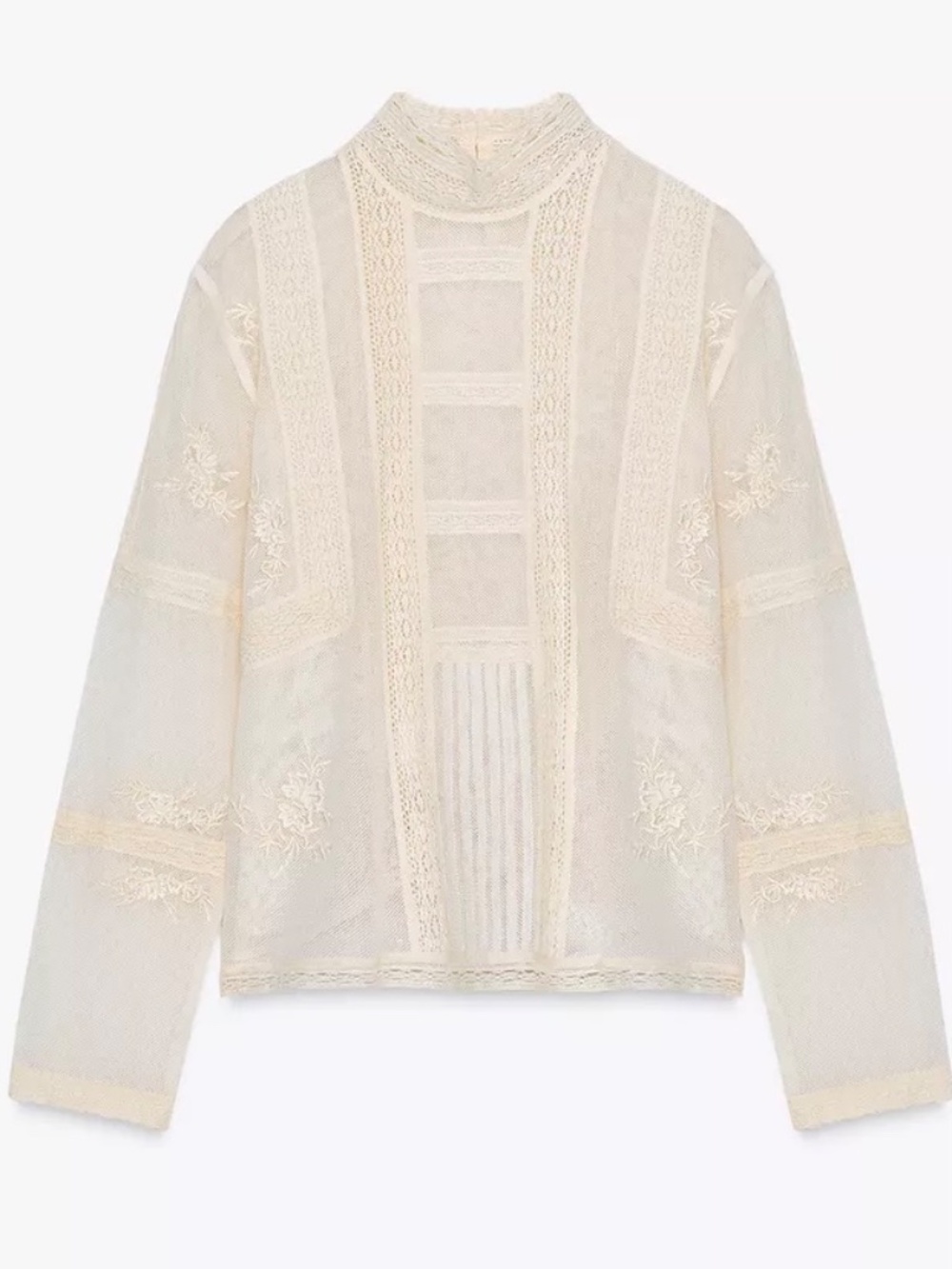 Zara Romantic Lace Blouse Semi-Sheer High Neck Ladder Stitch Size Small - Picture 4 of 15